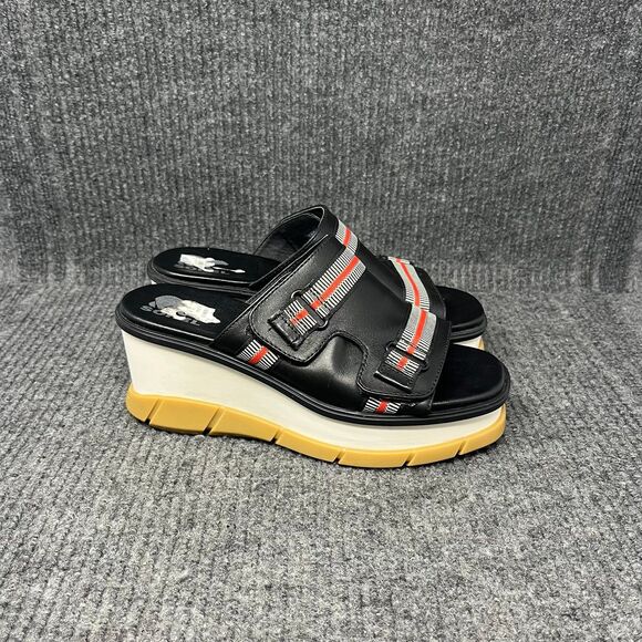 Sorel Joanie III Slip On Platform Wedge Slide Sandals Black Leather Women’s 7.5 - Picture 1 of 8